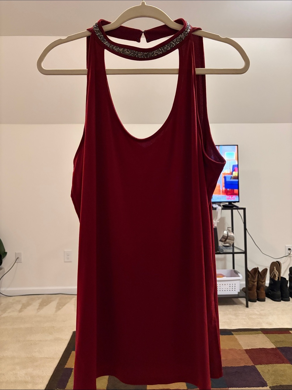 BOLD elements Red Sleeveless Halter Tank with Beaded Neckline